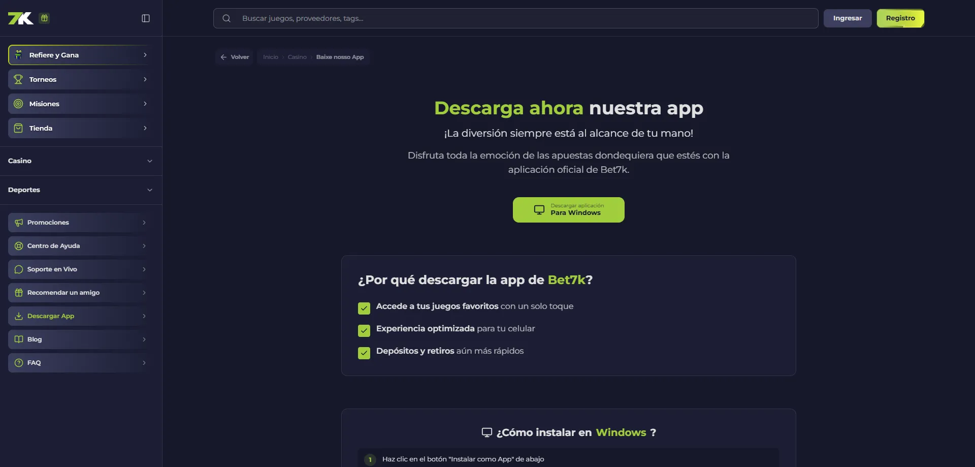 Bet7k Casino app para Android – interfaz móvil optimizada